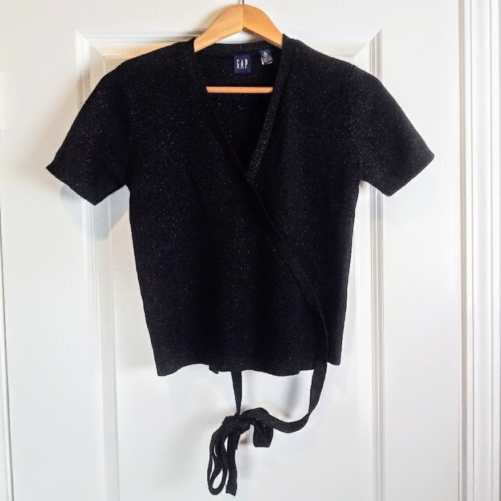 Vintage Gap Black Lurex Wool Blend Tie-Waist SS Cardigan